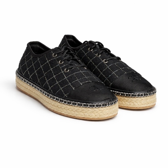 CHANEL Black Quilted Lace-Up Espadrille Sneakers Size 38 Designer Luxury - Picture 3 of 15